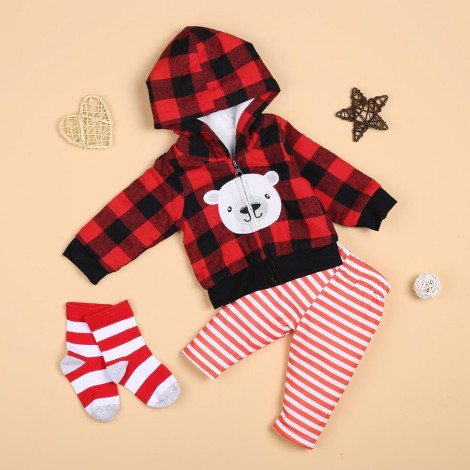 Red Checkered Warm Bear Coat And Striped Pants Suit For 22'' Reborn Baby Doll Boy/Girl